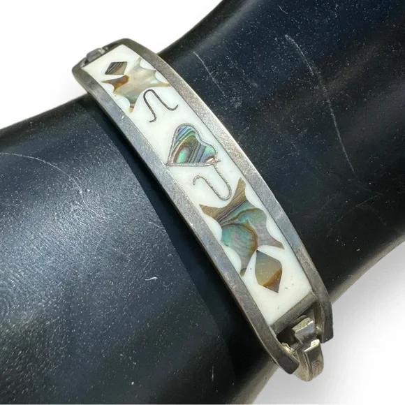 Vintage Alpaca Silver and Abalone Shell Bracelet - Picture 4 of 7